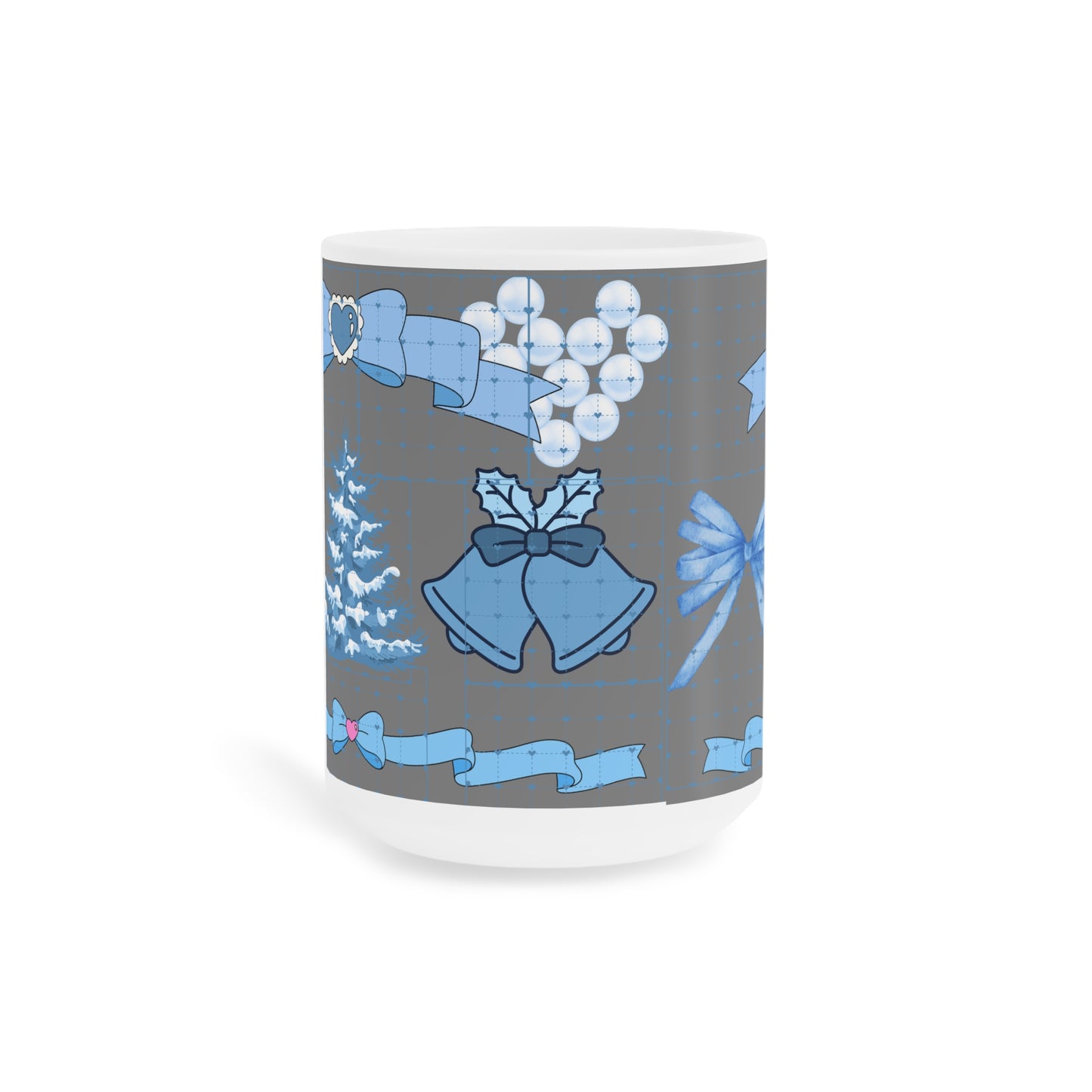 Blue Holiday Ornament Mug — Christmas Tree, Bells & Bows Ceramic Coffee Cup