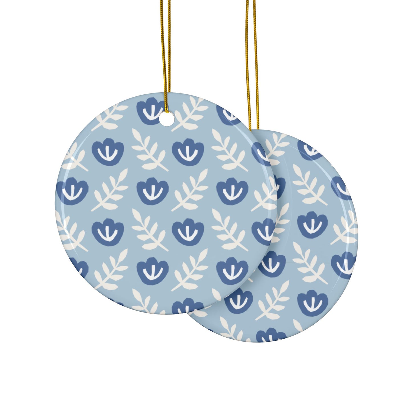 Blue Folk Floral Ceramic Ornament – Round 2-Sided Holiday Decoration
