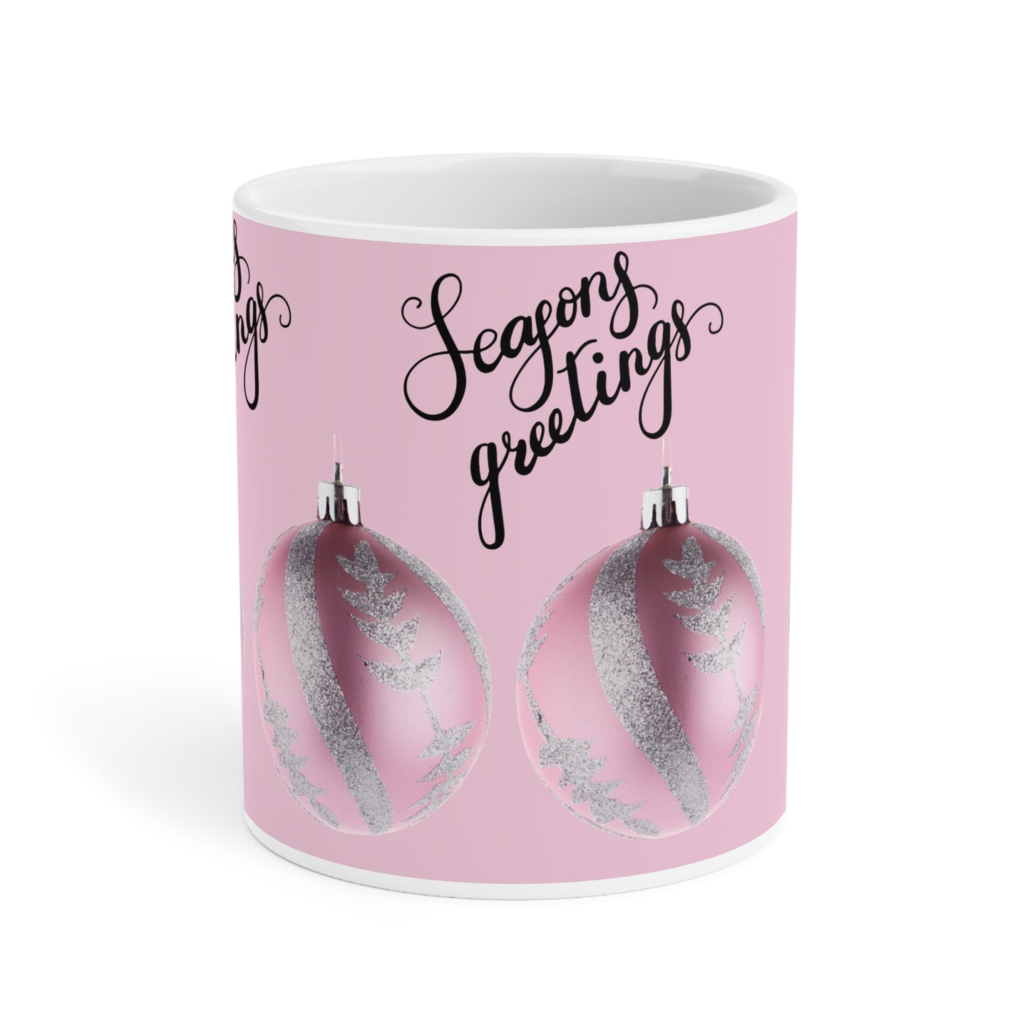 Season's Greetings Pink Ornament Ceramic Mug — Holiday Coffee Cup (11oz/15oz/20oz)
