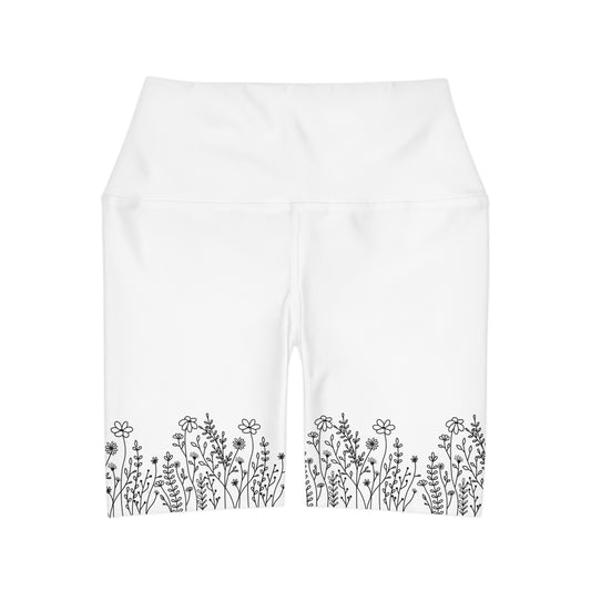 ‘B&W Wild Flowers’ High Waisted Yoga Shorts (AOP)