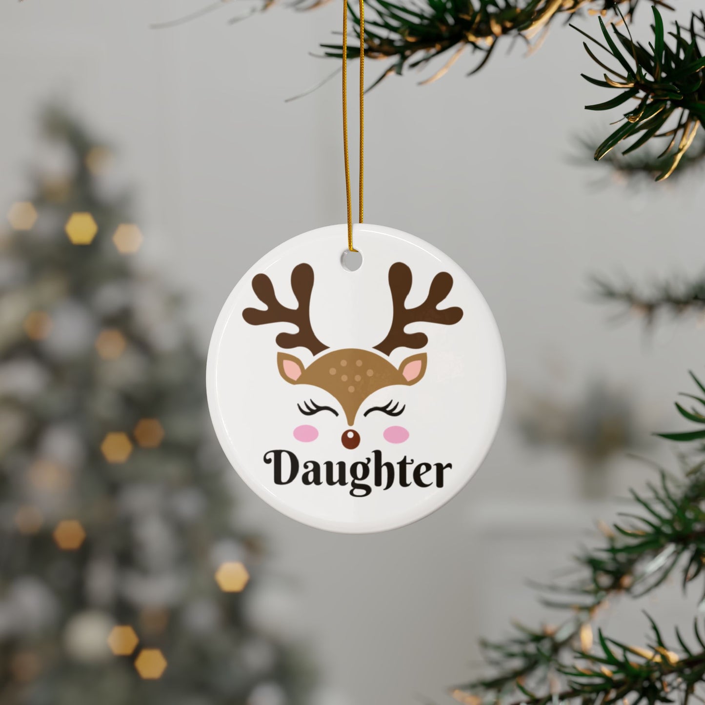 ‘DAUGHTER’ Pretty Reindeer head Ceramic Ornaments, 2-Side Print, (1pc, 3pcs, 5pcs, 10pcs)