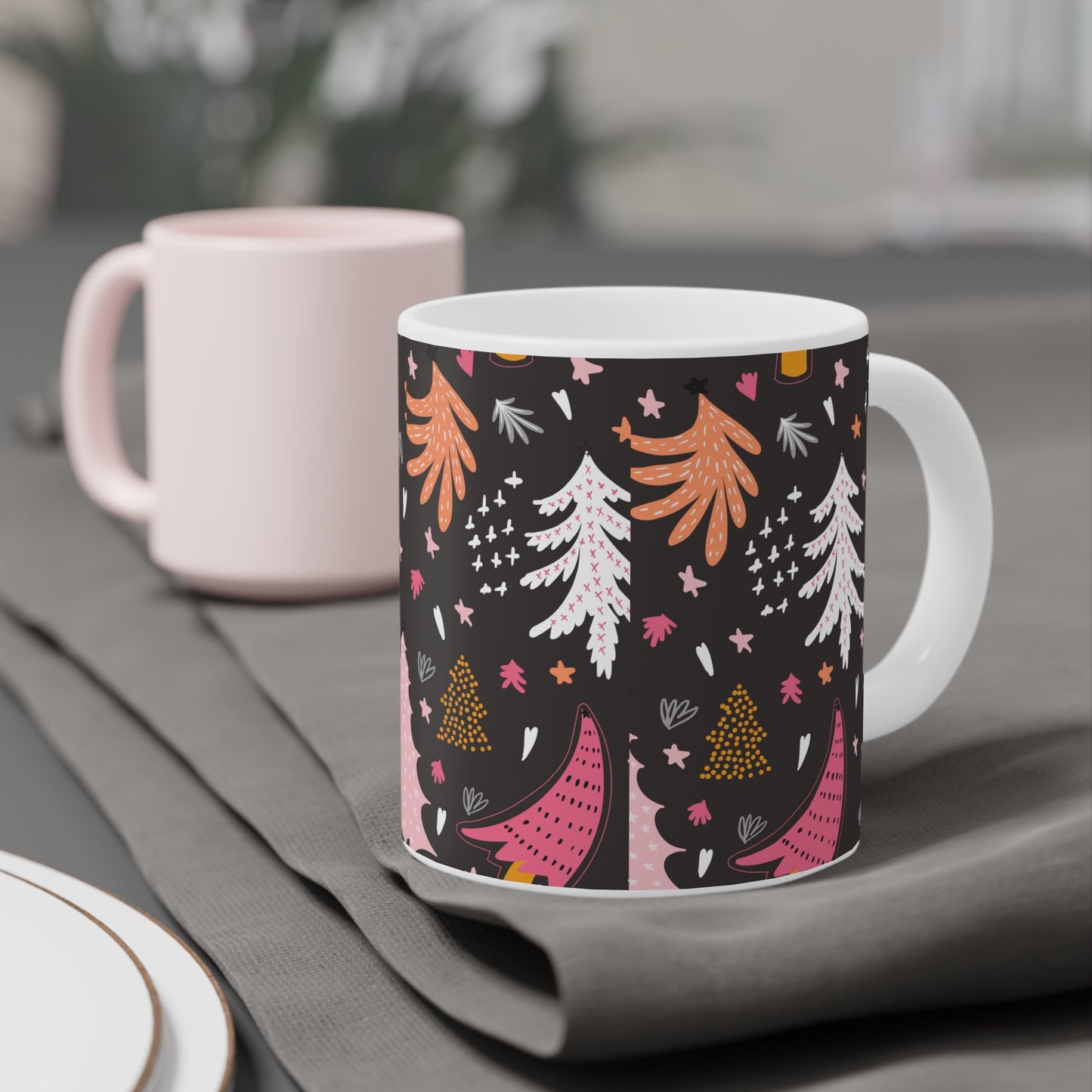 Christmas Tree Pattern Ceramic Mug — Pink & Gold Holiday Coffee Cup