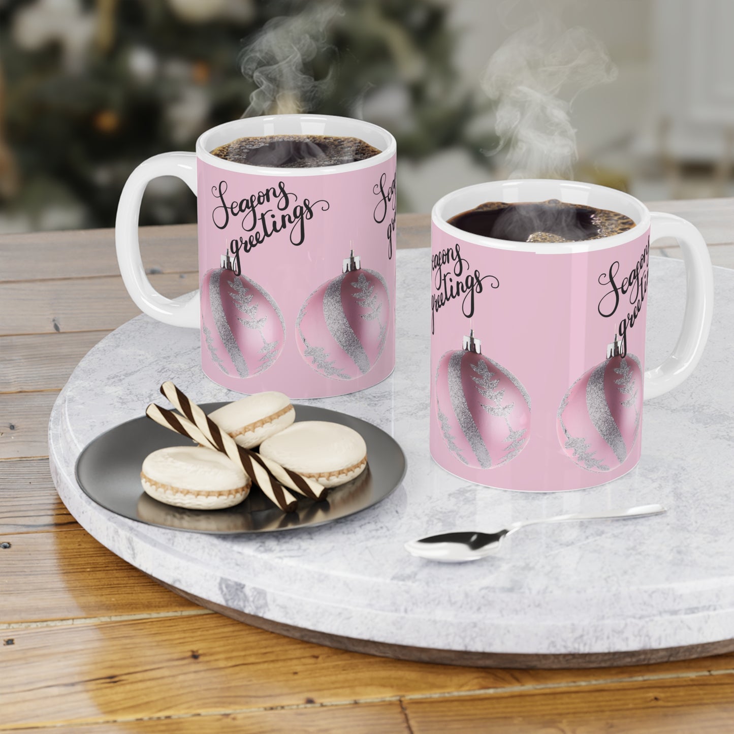 Season's Greetings Pink Ornament Ceramic Mug — Holiday Coffee Cup (11oz/15oz/20oz)