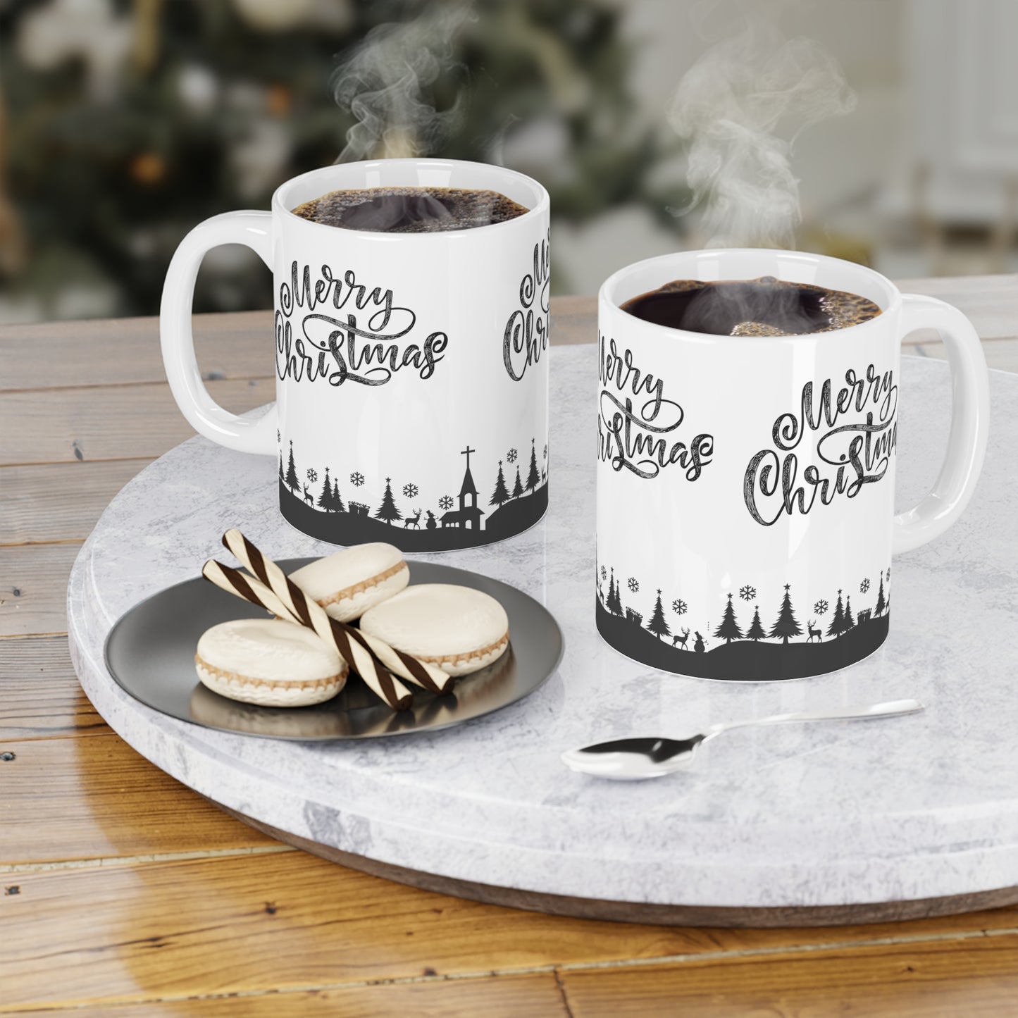 Merry Christmas Ceramic Mug — Black Holiday Village Design (11/15/20oz)