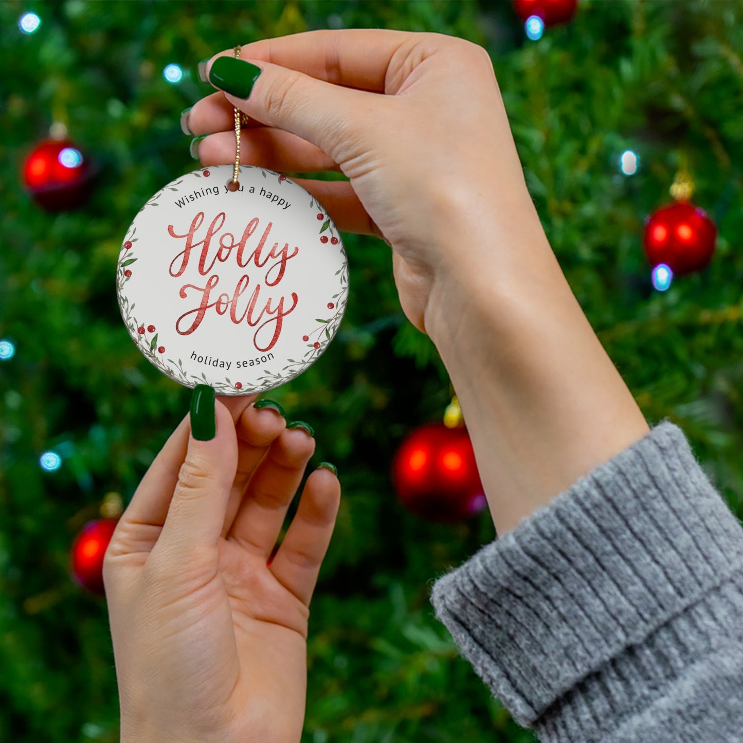 Holly Jolly Ceramic Christmas Ornament – Holiday Wreath Keepsake