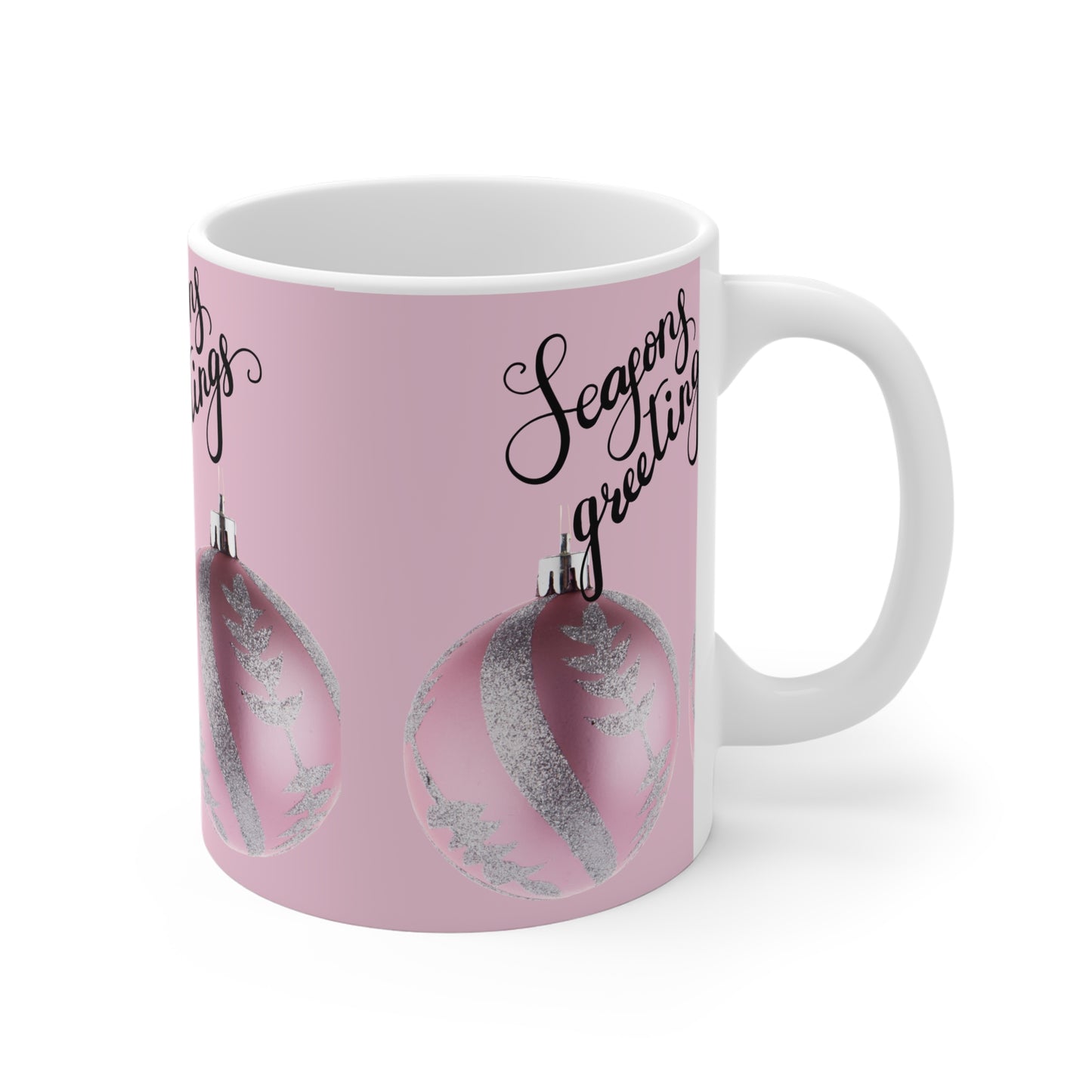 Season's Greetings Pink Ornament Ceramic Mug — Holiday Coffee Cup (11oz/15oz/20oz)