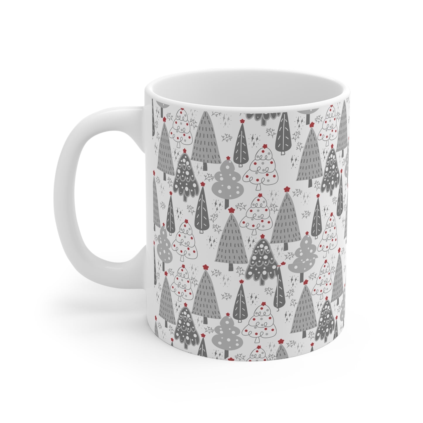 Christmas Tree Pattern Mug — Festive Grey Holiday Ceramic Coffee Cup