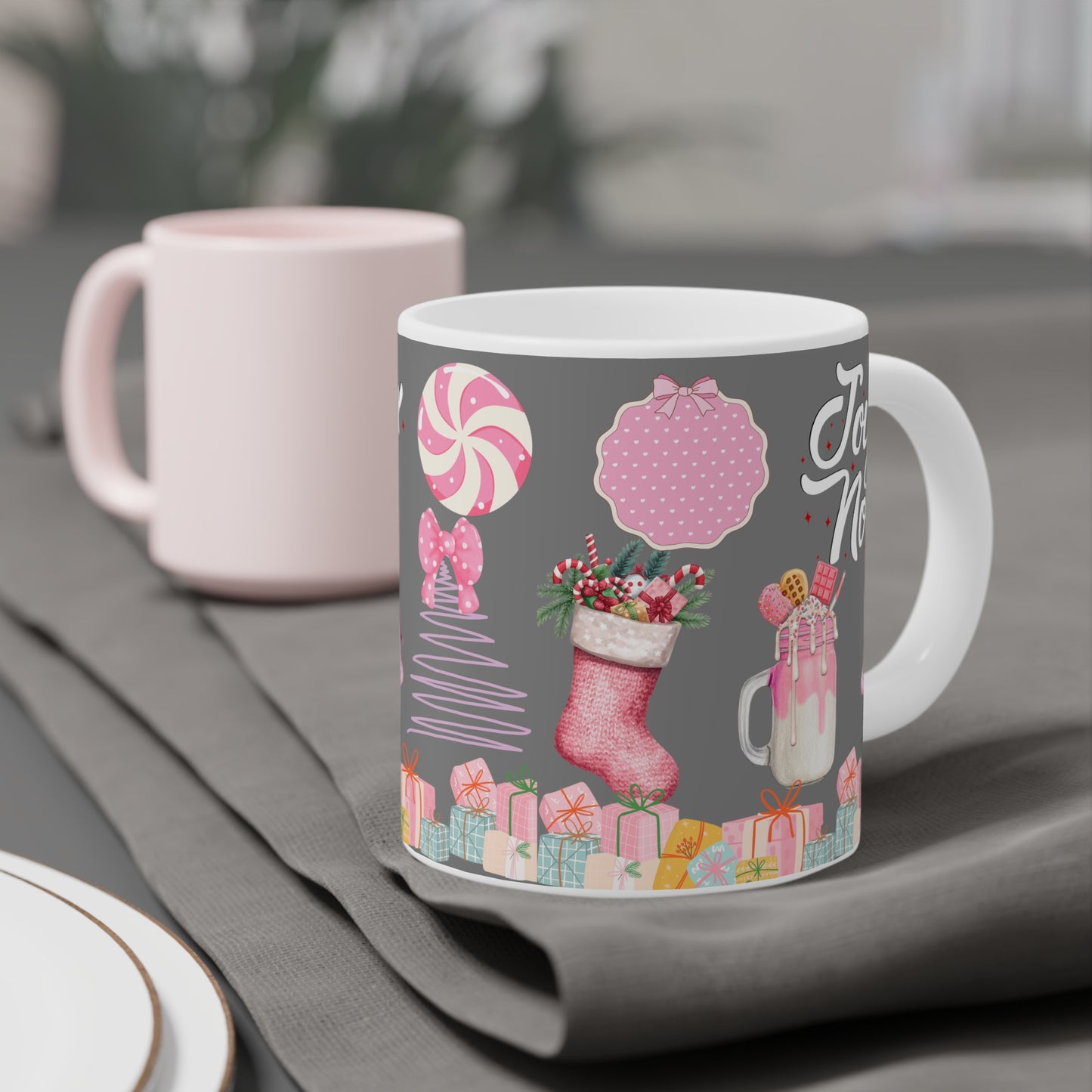 Joyeux Noël Holiday Mug — Pink Christmas Stocking & Cute Snowman Coffee Cup