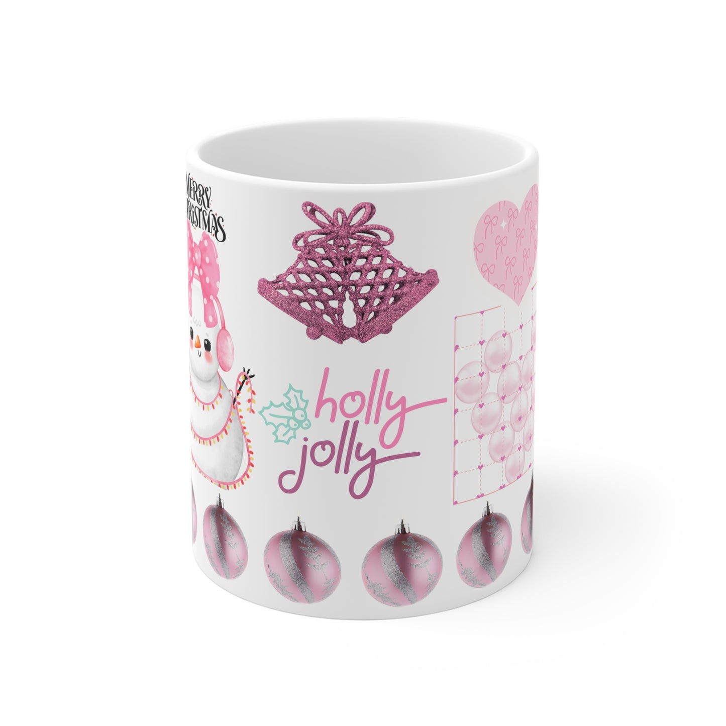 Holly Jolly Pink Christmas Mug — Cute Snowman Holiday Ceramic Coffee Cup
