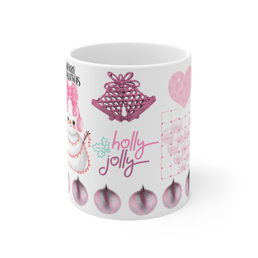 Holly Jolly Pink Christmas Mug — Cute Snowman Holiday Ceramic Coffee Cup