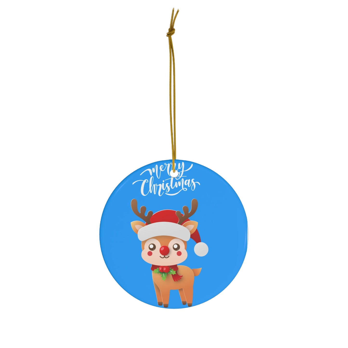 Christmas Reindeer Ceramic Ornament — Cute Santa Hat Reindeer, "Merry Christmas" Holiday Tree Decoration