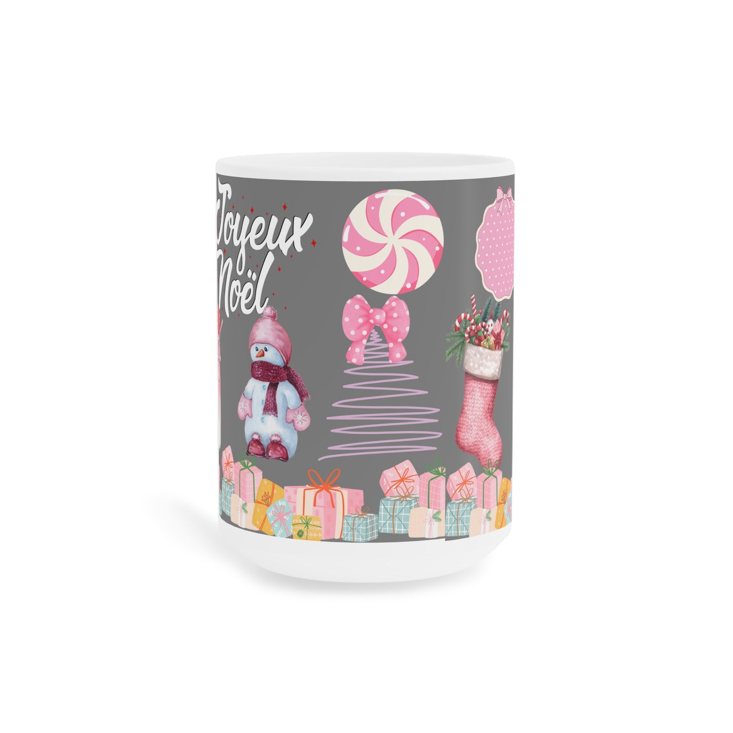 Joyeux Noël Holiday Mug — Pink Christmas Stocking & Cute Snowman Coffee Cup