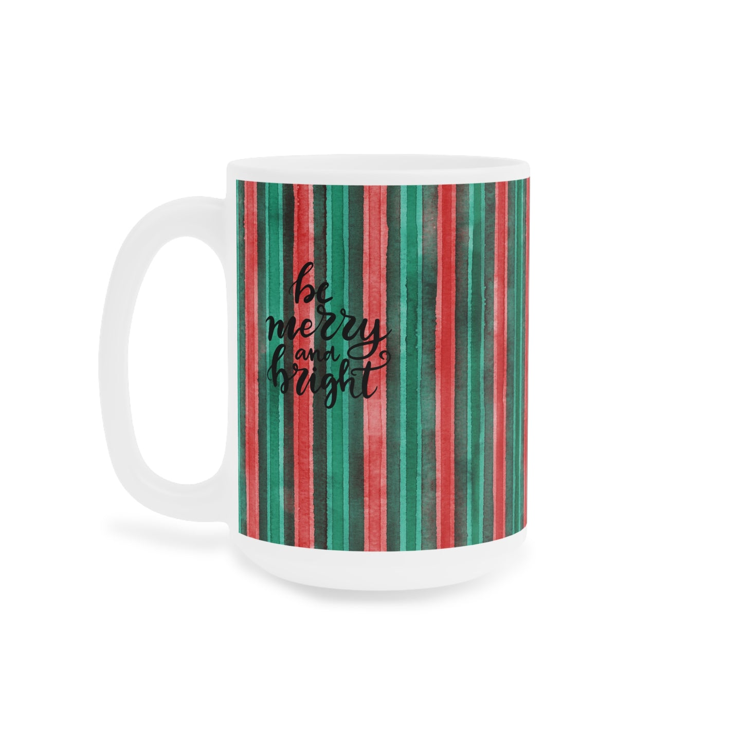 Christmas Stripe Mug — 'Be Merry and Bright' Holiday Ceramic Coffee Cup