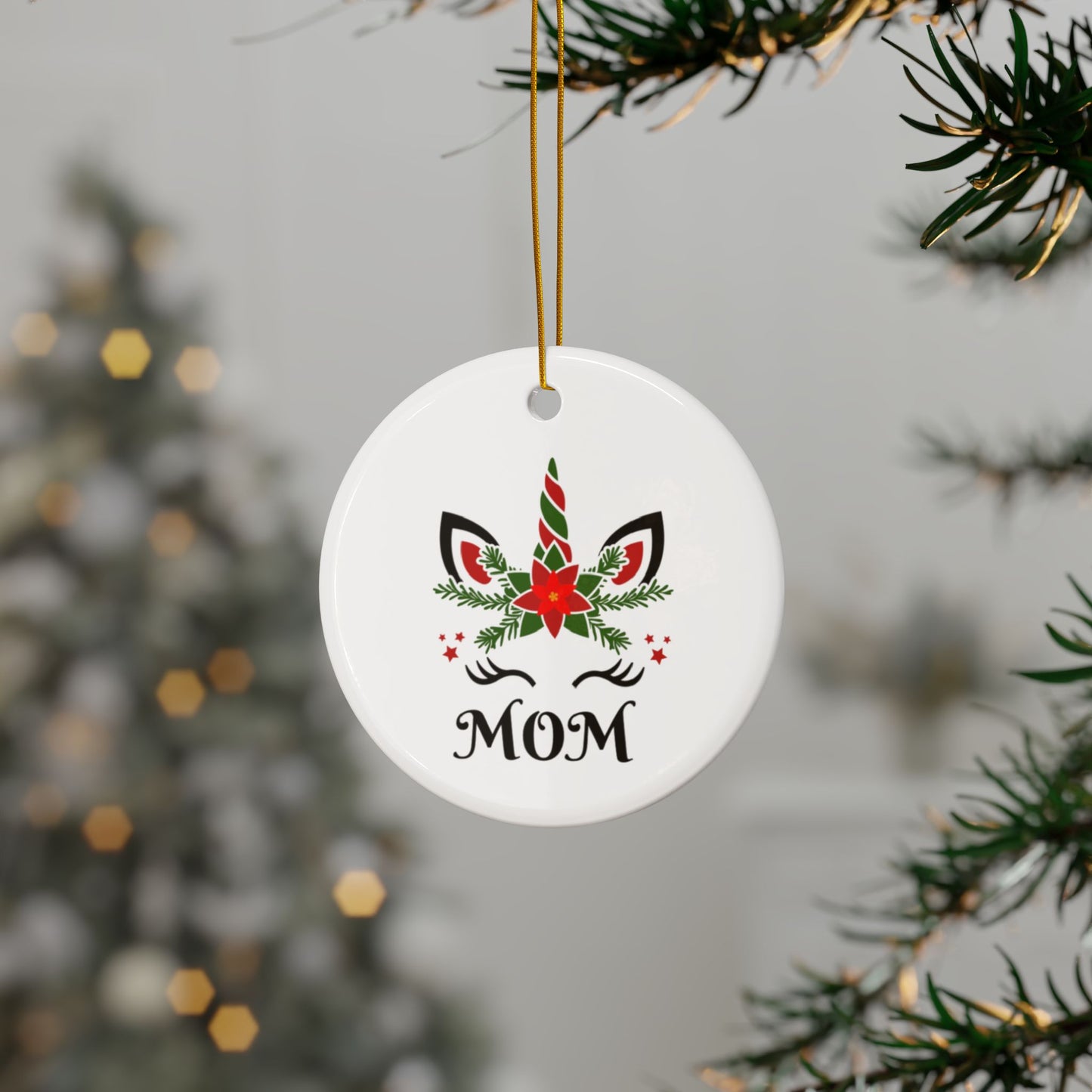 ‘MOM’ Christmas Unicorn Ceramic Ornaments, 2-Side Print, (1pc, 3pcs, 5pcs, 10pcs)