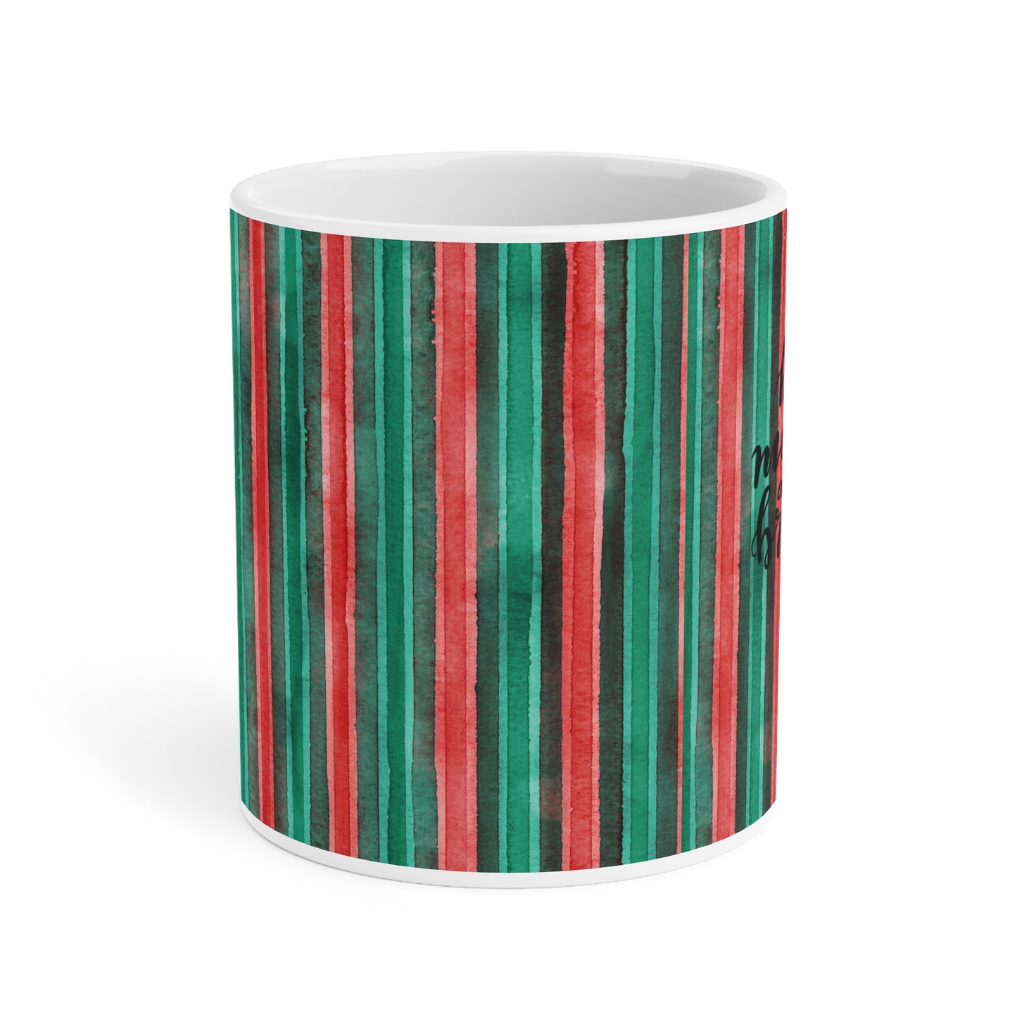 Christmas Stripe Mug — 'Be Merry and Bright' Holiday Ceramic Coffee Cup