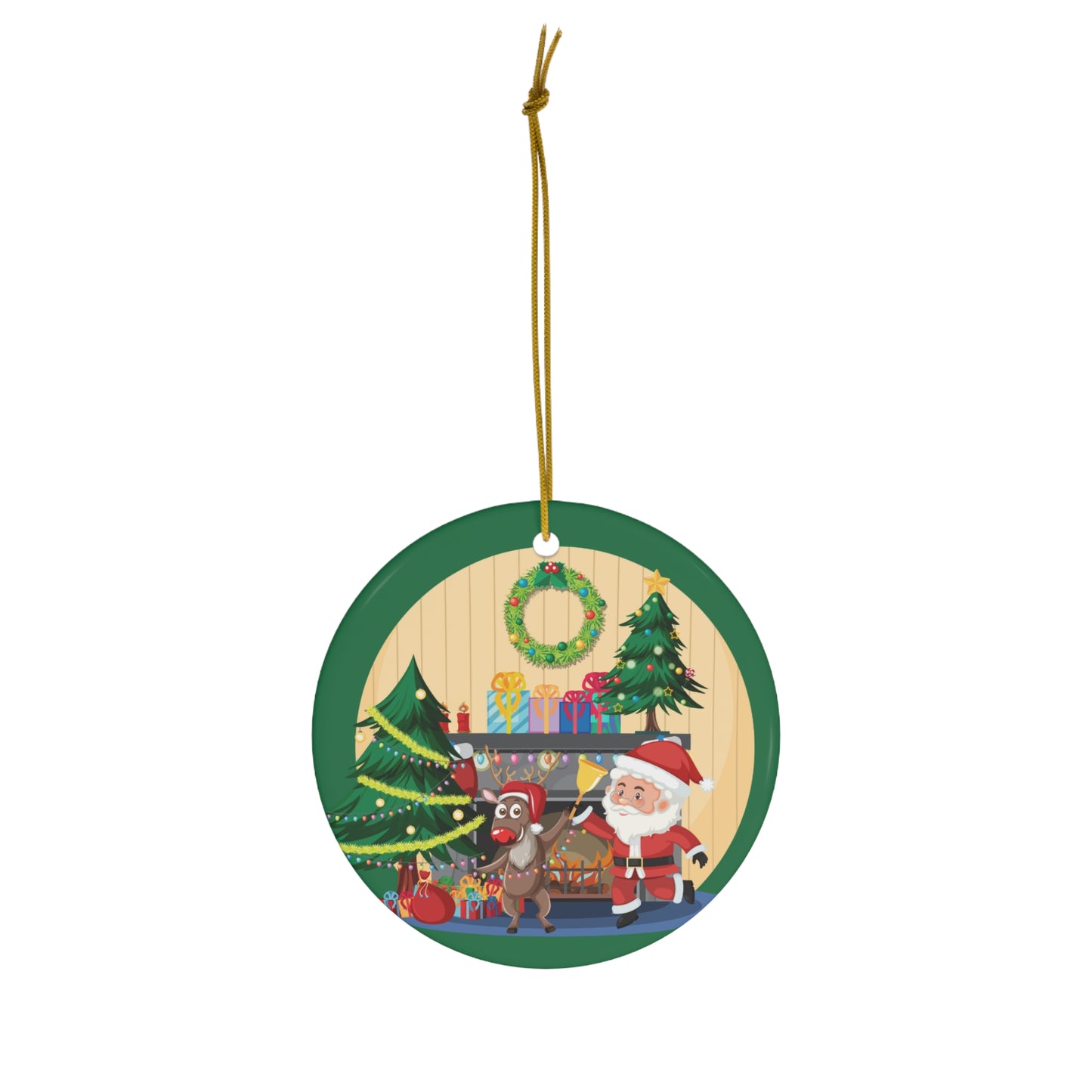 Christmas Santa & Reindeer Ceramic Ornament — Holiday Tree Decoration