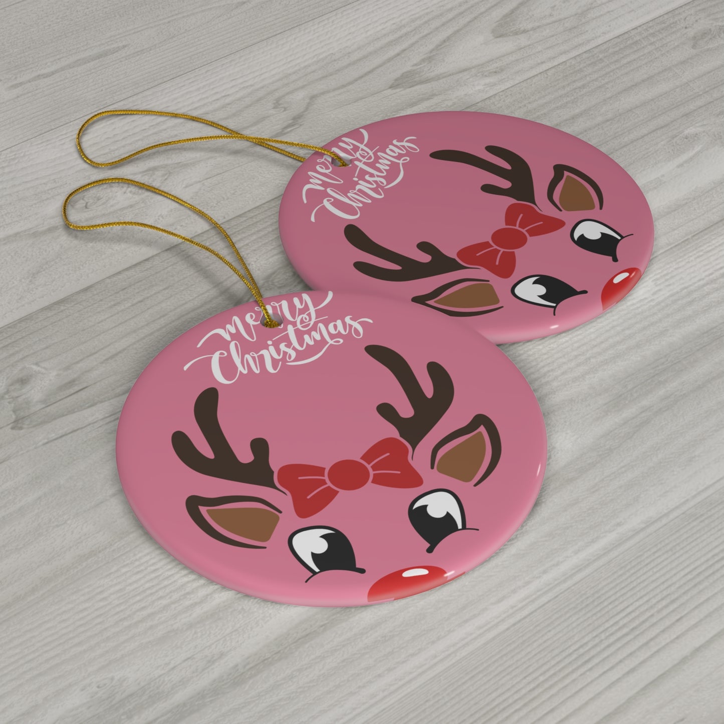 Pink Reindeer Ceramic Ornament – 'Merry Christmas' Holiday Tree Decoration
