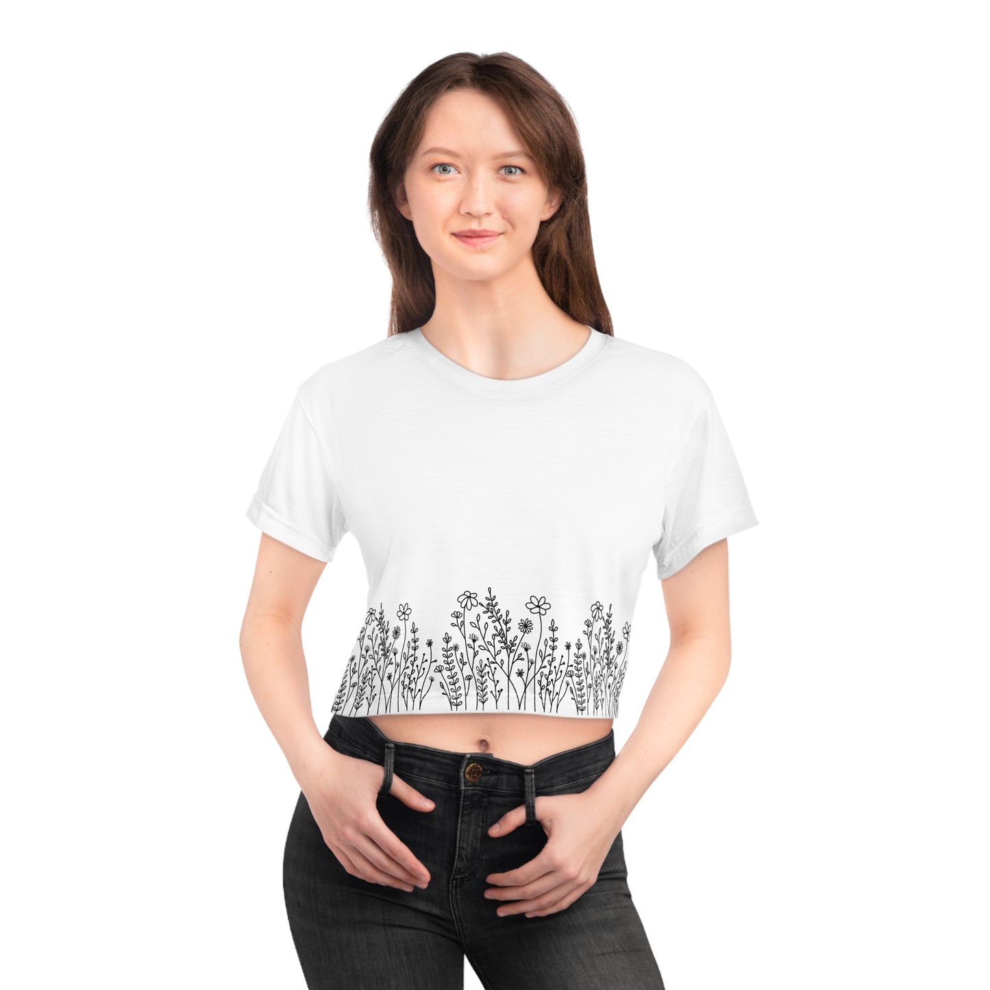 ‘B&W Wildflowers’ Crop Tee (AOP) 100% Poly