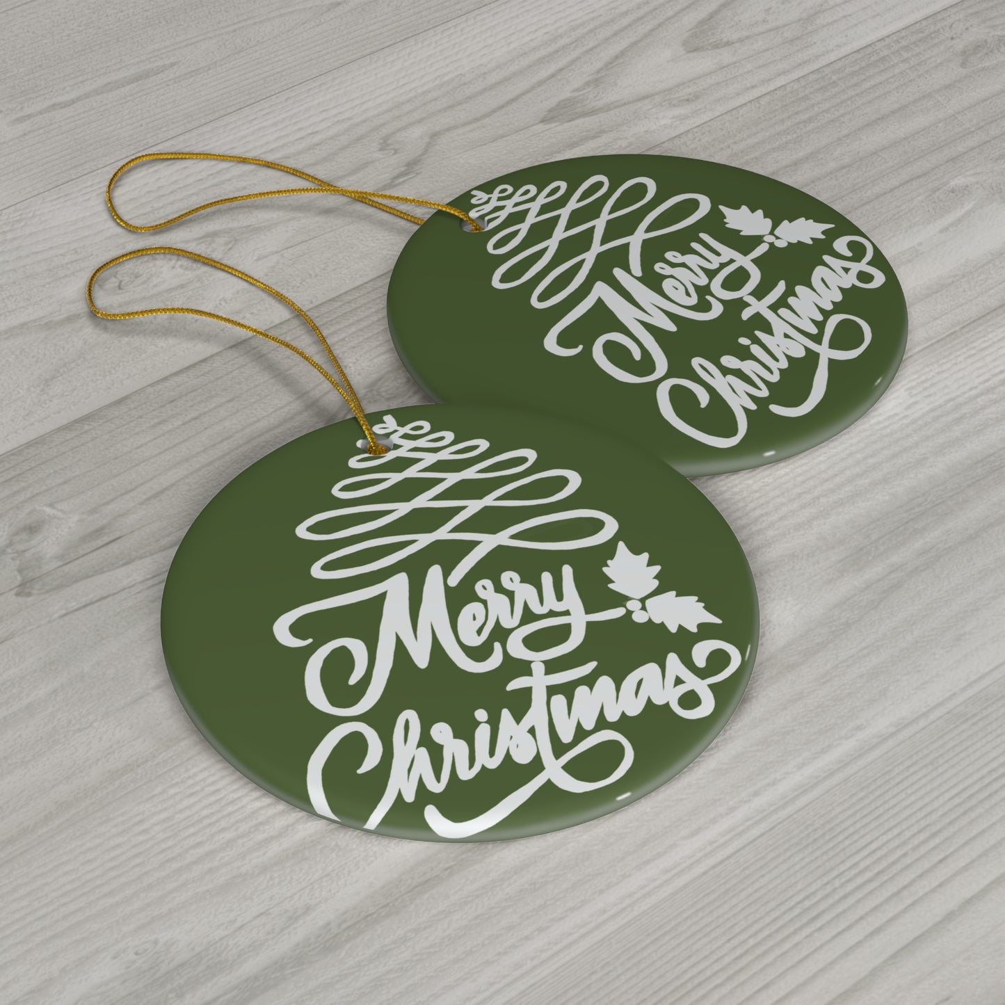 Merry Christmas Ceramic Ornament – Green Hand-Lettered Holiday Tree Ornament