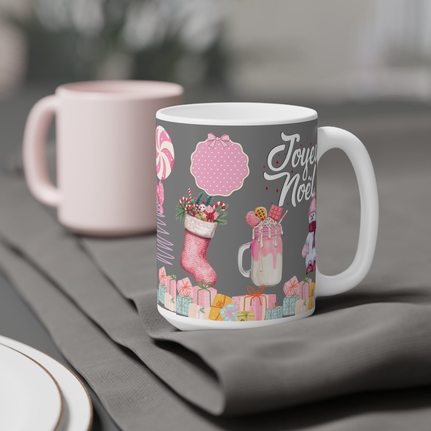 Joyeux Noël Holiday Mug — Pink Christmas Stocking & Cute Snowman Coffee Cup