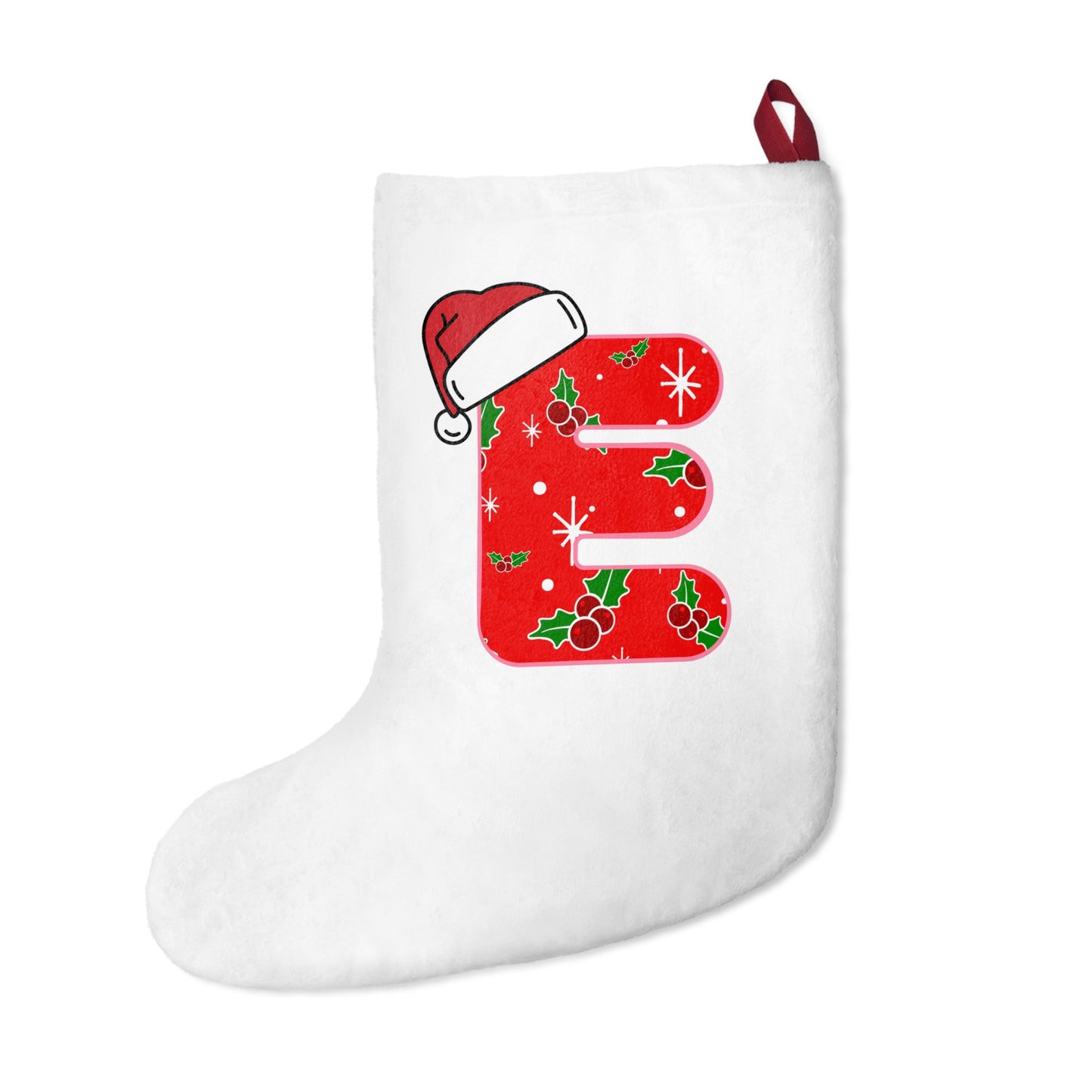 Personalized Christmas Stocking - Red Holly Letter E with Santa Hat