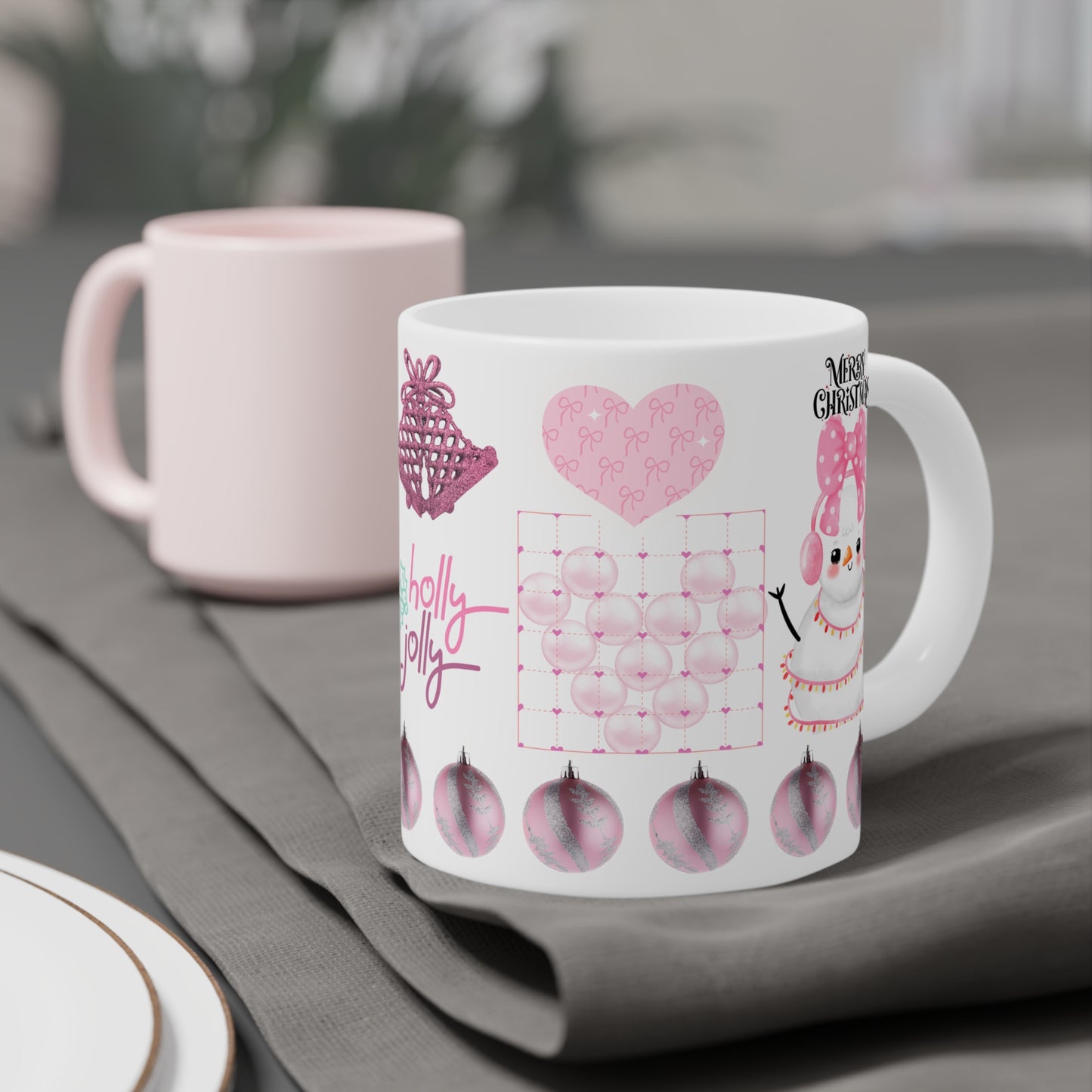 Holly Jolly Pink Christmas Mug — Cute Snowman Holiday Ceramic Coffee Cup