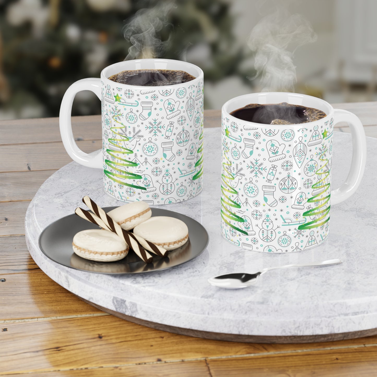 Christmas Tree Pattern Ceramic Mug – Green Holiday Ornaments 11oz/15oz/20oz