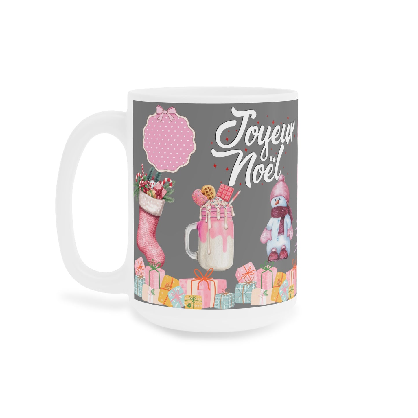 Joyeux Noël Holiday Mug — Pink Christmas Stocking & Cute Snowman Coffee Cup