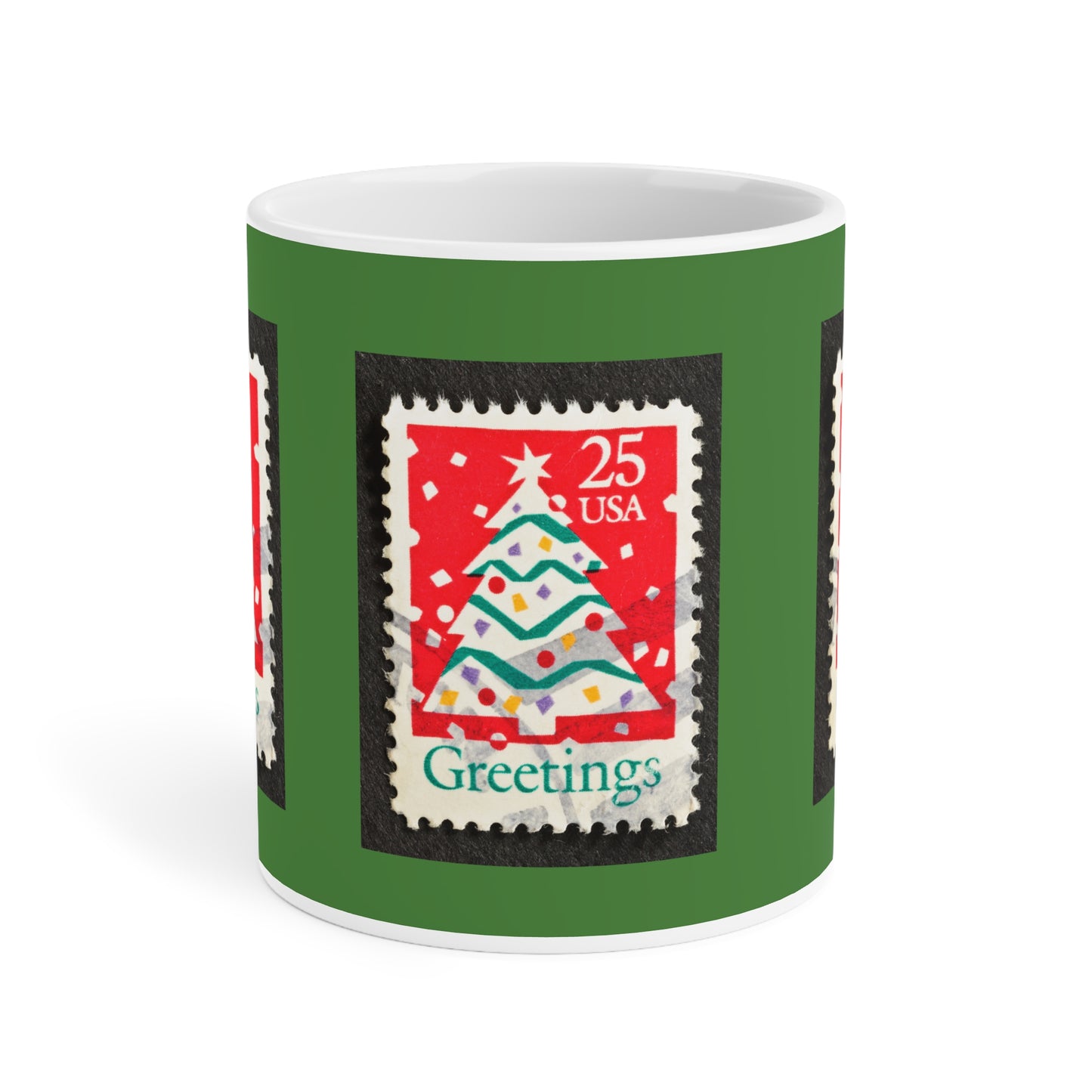 Holiday Stamp Mug — 'Greetings' Christmas Tree Ceramic Coffee Cup