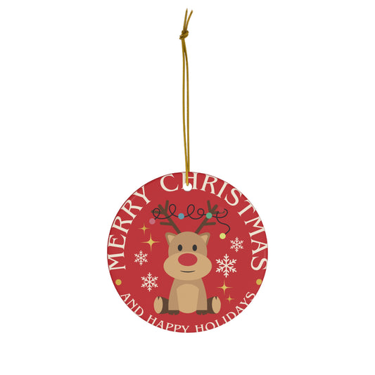 Merry Christmas Reindeer Ceramic Ornament — Cute Holiday Tree Decoration