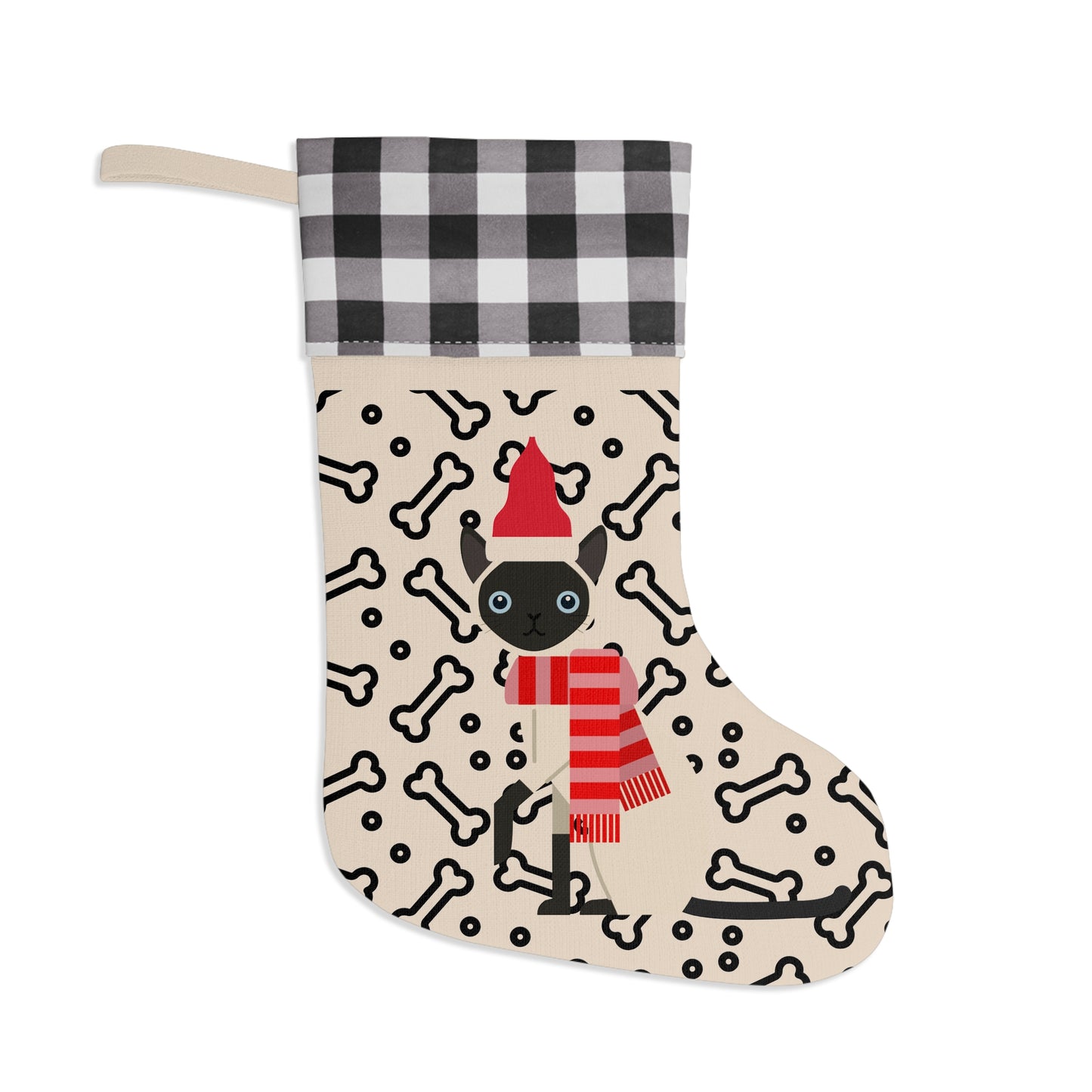 Siamese Cat & Bones Christmas Stocking — Plaid Cuff Holiday Pet Stocking