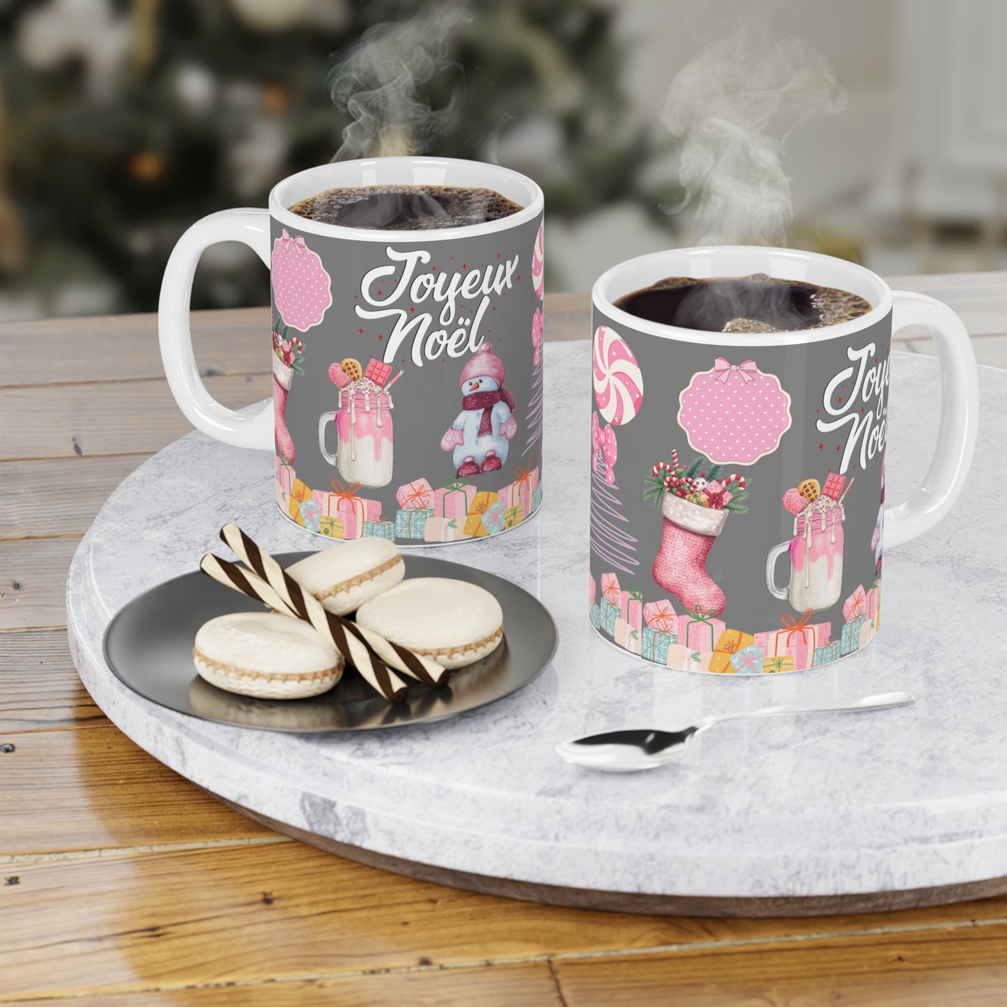 Joyeux Noël Holiday Mug — Pink Christmas Stocking & Cute Snowman Coffee Cup