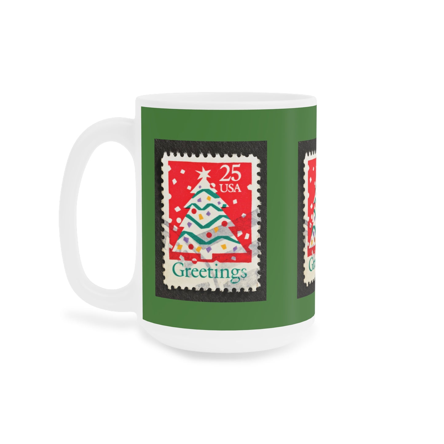 Holiday Stamp Mug — 'Greetings' Christmas Tree Ceramic Coffee Cup