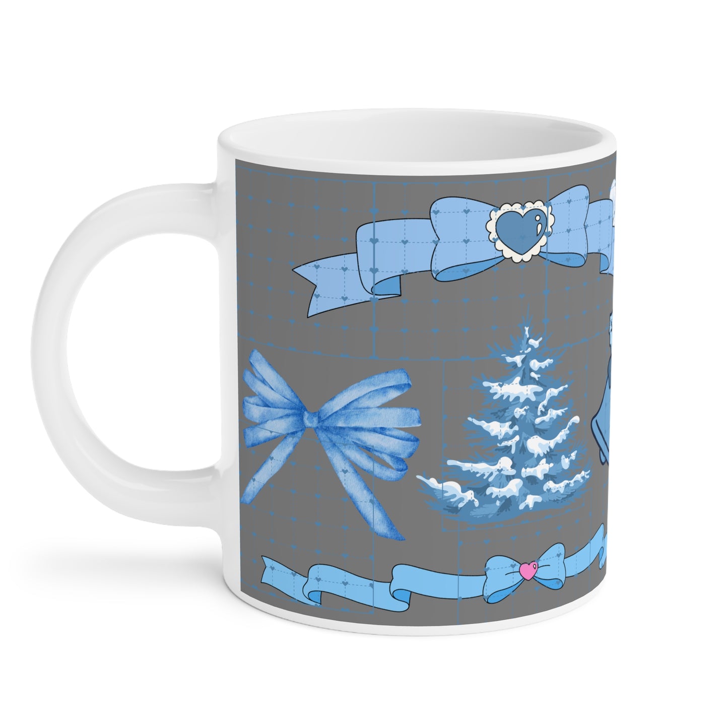Blue Holiday Ornament Mug — Christmas Tree, Bells & Bows Ceramic Coffee Cup