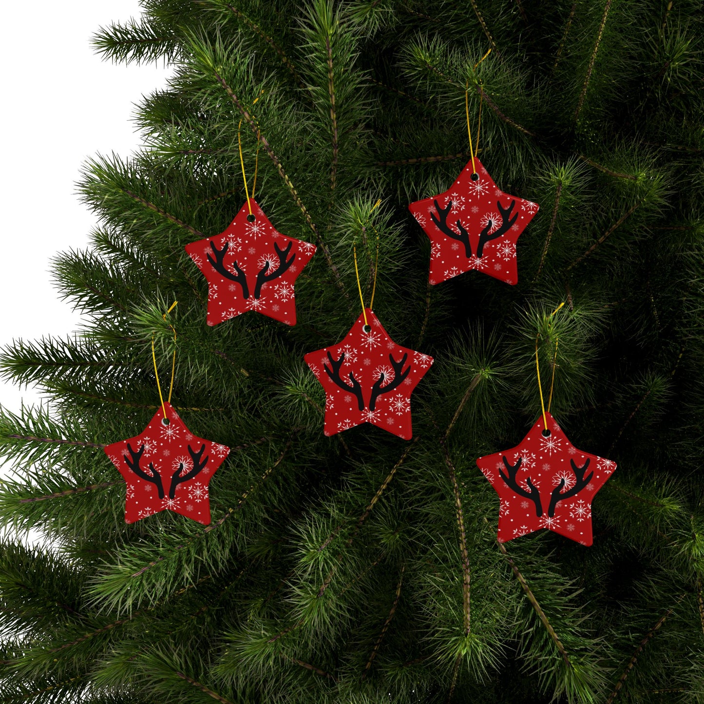 Reindeer Antler Ceramic Christmas Ornament — Red Snowflake Double-Sided Holiday Decor (1/3/5/10 pcs)