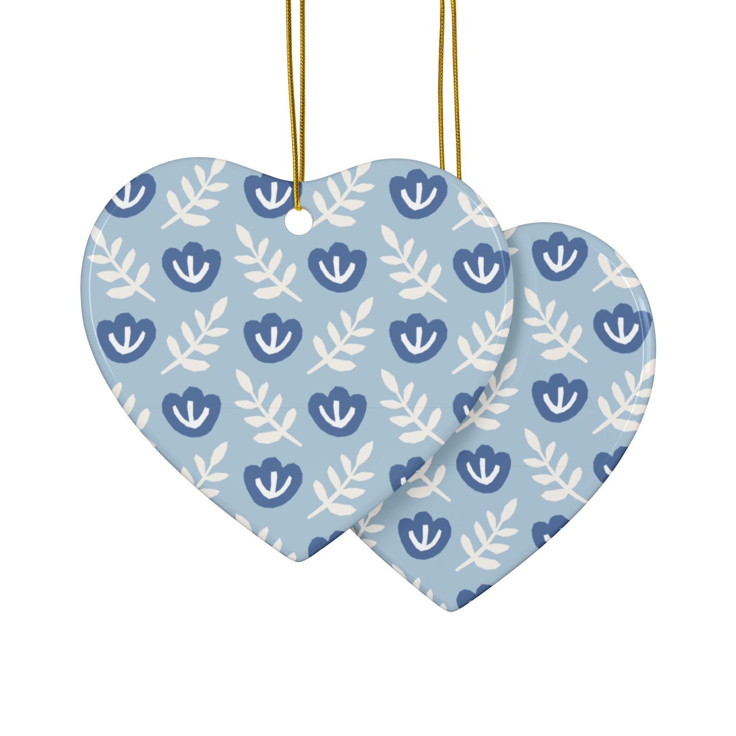 Blue Folk Floral Ceramic Ornament – Round 2-Sided Holiday Decoration