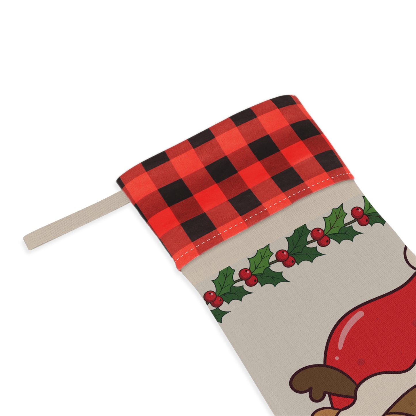Cute Reindeer Christmas Stocking with Buffalo Plaid Cuff & Holly Wreath