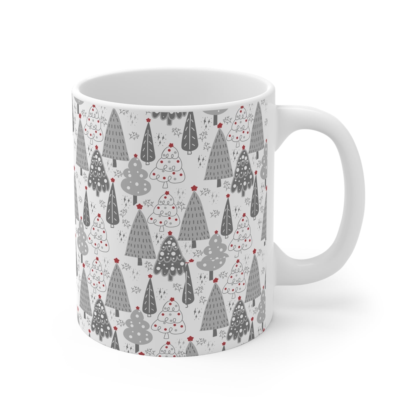 Christmas Tree Pattern Mug — Festive Grey Holiday Ceramic Coffee Cup