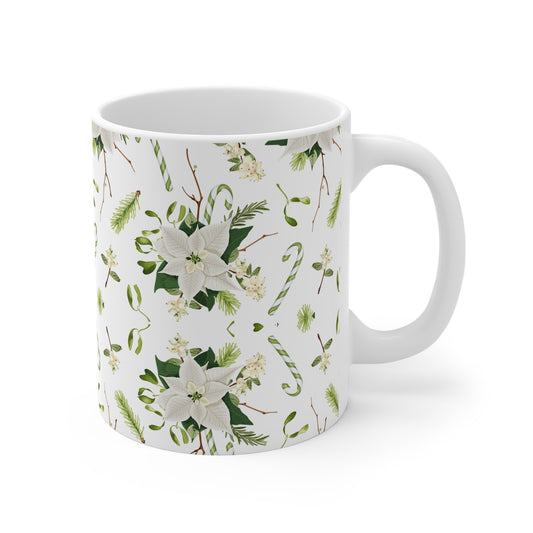 Holiday Floral Ceramic Mug, Christmas Coffee Cup, Gift for Her, Winter Tea Mug, Elegant Home Decor
