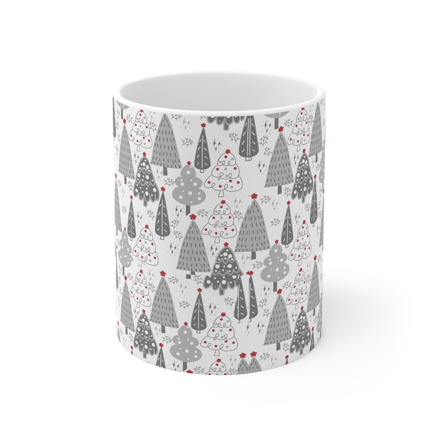 Christmas Tree Pattern Mug — Festive Grey Holiday Ceramic Coffee Cup
