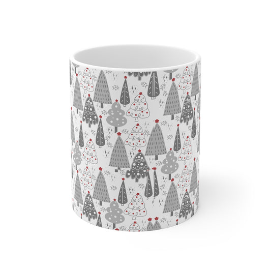 Christmas Tree Pattern Mug — Festive Grey Holiday Ceramic Coffee Cup
