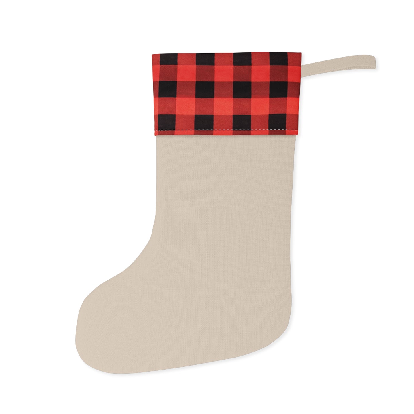 Cute Reindeer Christmas Stocking with Buffalo Plaid Cuff & Holly Wreath