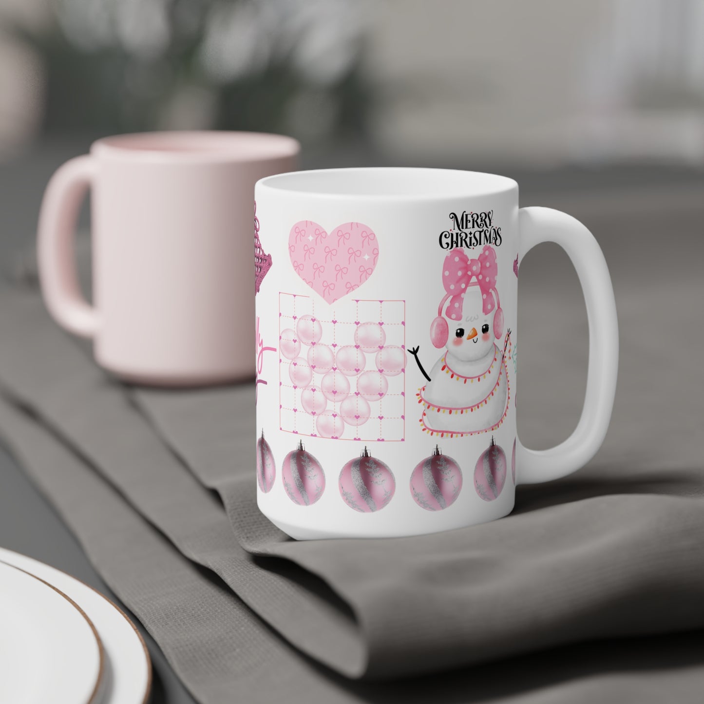 Holly Jolly Pink Christmas Mug — Cute Snowman Holiday Ceramic Coffee Cup