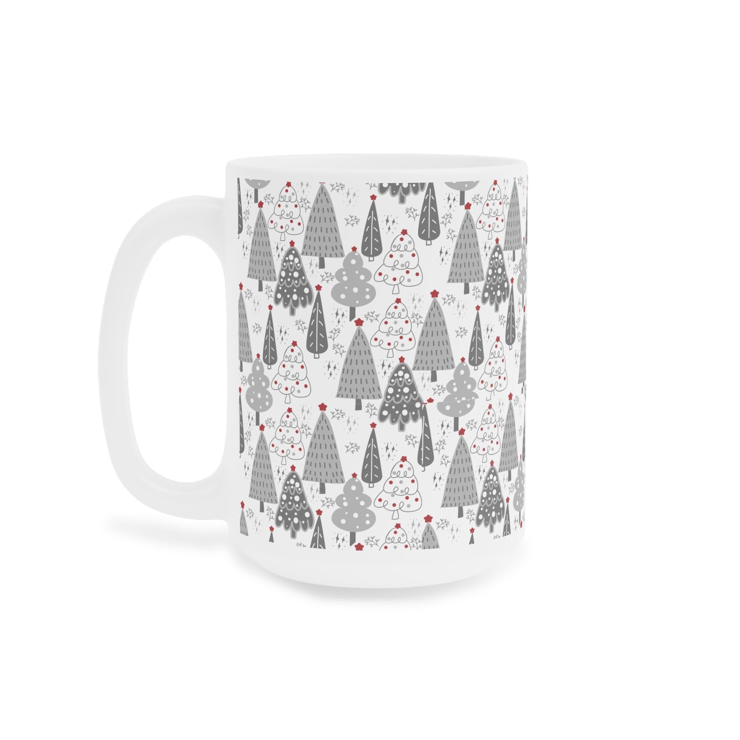 Christmas Tree Pattern Mug — Festive Grey Holiday Ceramic Coffee Cup
