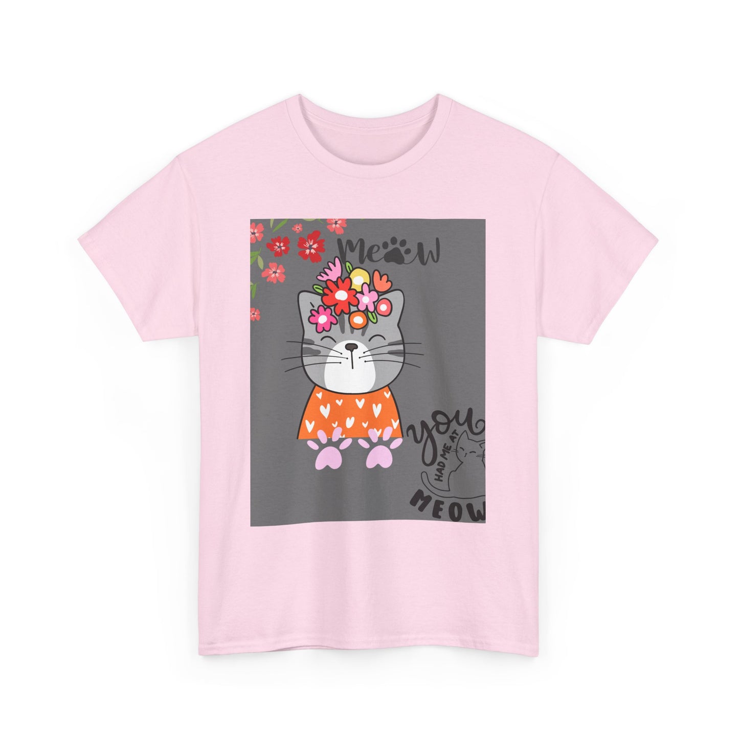 Cute Cat Floral Unisex Heavy Cotton Tee - 'You had me at Meow' Design