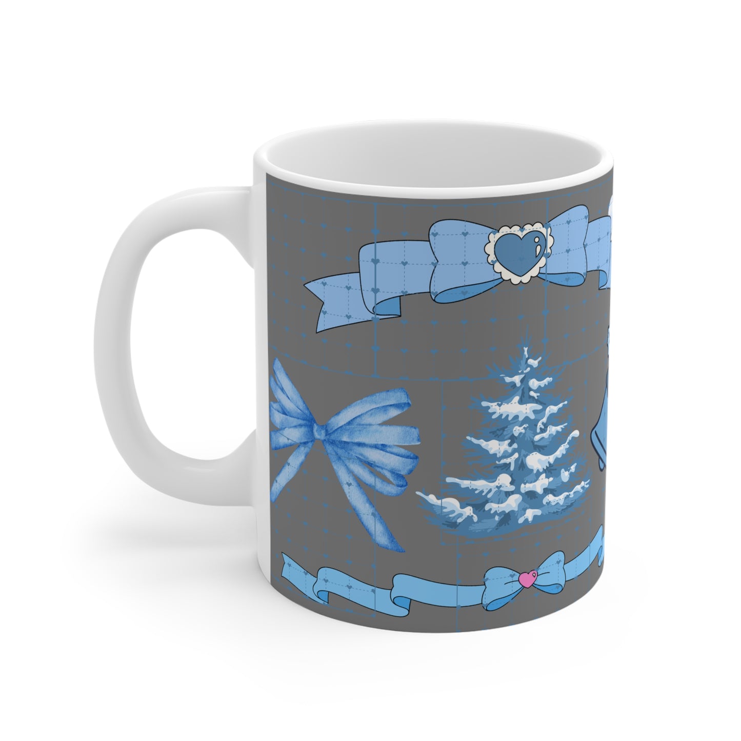 Blue Holiday Ornament Mug — Christmas Tree, Bells & Bows Ceramic Coffee Cup