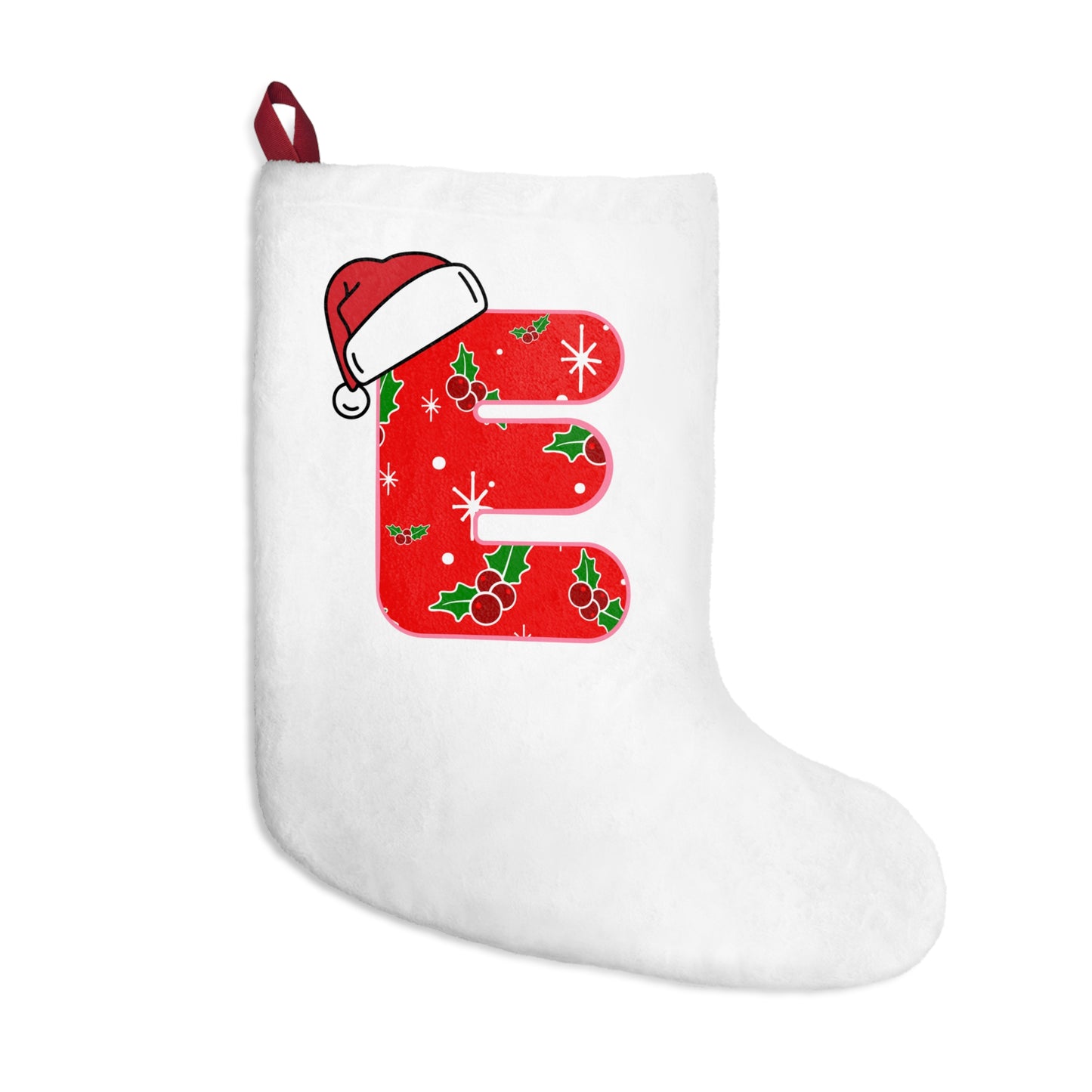 Personalized Christmas Stocking - Red Holly Letter E with Santa Hat