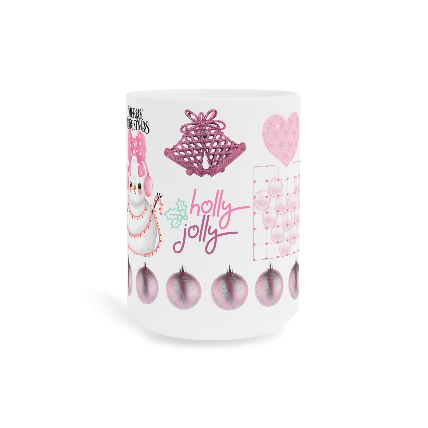 Holly Jolly Pink Christmas Mug — Cute Snowman Holiday Ceramic Coffee Cup