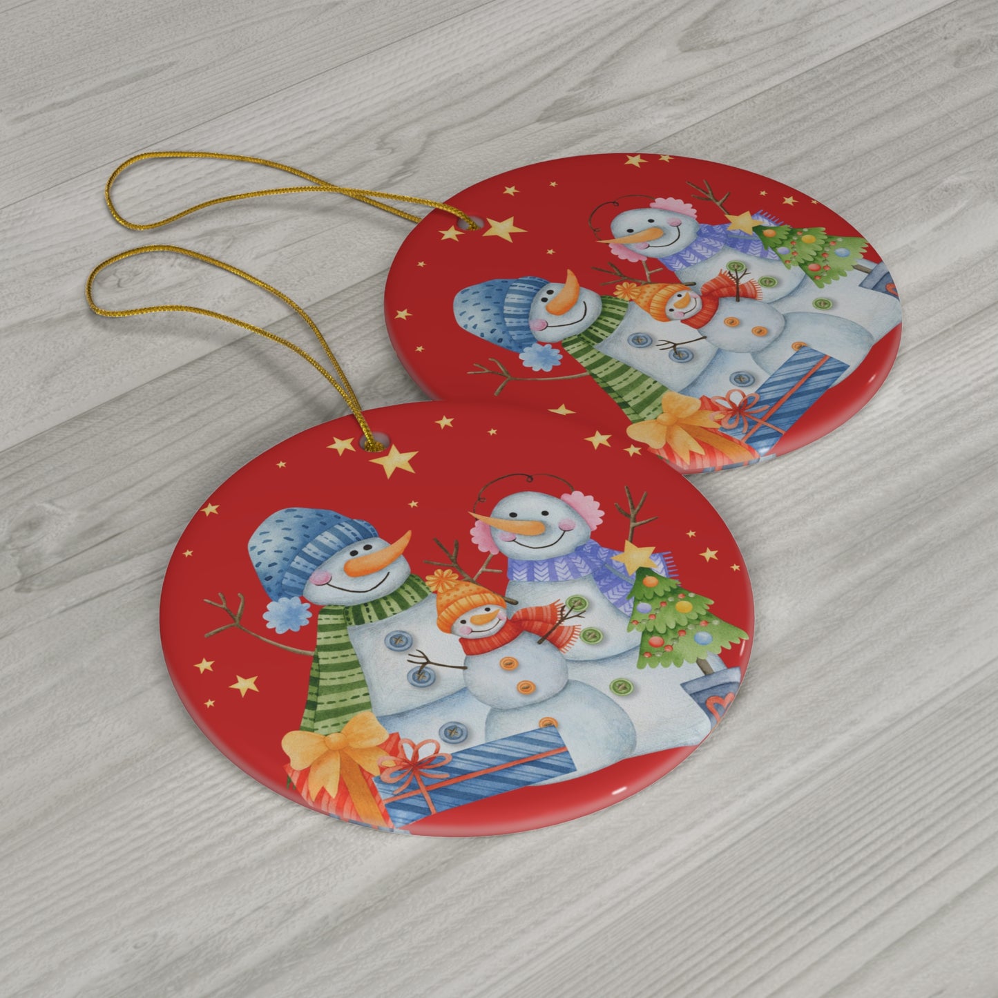 Snowman Family Ceramic Ornament — Holiday Christmas Tree Decoration