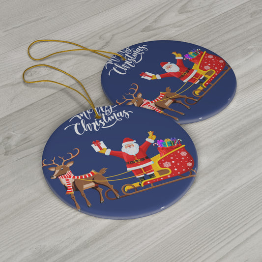 Santa Sleigh Ceramic Ornament — Merry Christmas Round Holiday Decoration